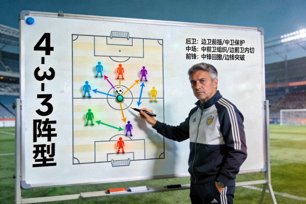 教练在战术板上详细讲解4-3-3阵型球员跑位示意图