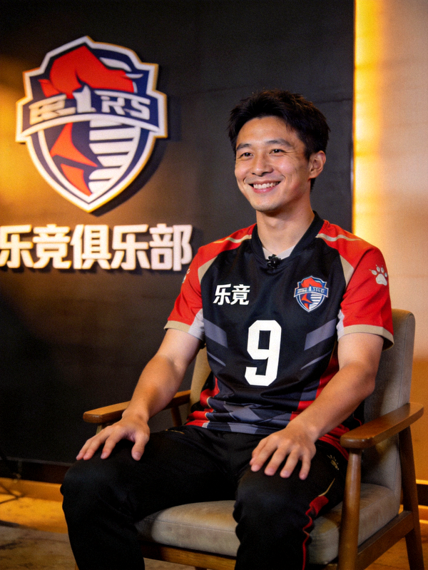乐竞俱乐部9号前锋李明在专访中面带微笑，身穿训练服