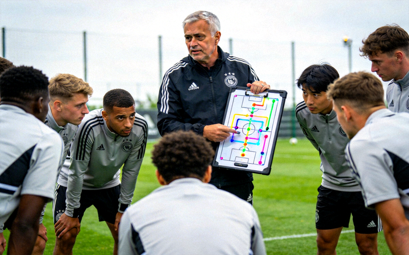 乐竞俱乐部主教练在训练场上向球员讲解战术板，队员们围拢聆听