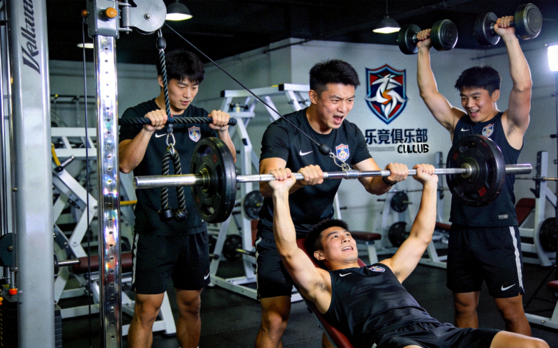 乐竞俱乐部球员在健身房进行高强度力量训练，表情专注