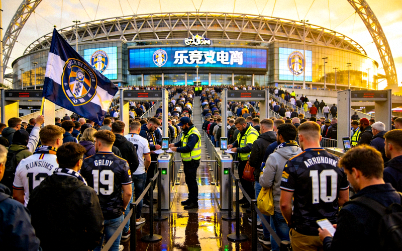 乐竞体育场主入口处球迷排队安检入场的热闹场景