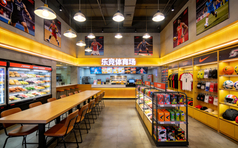 乐竞体育场内宽敞明亮的餐饮区和商品售卖区