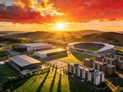 夕阳下的乐竞训练基地全景，景色优美且富有感染力
